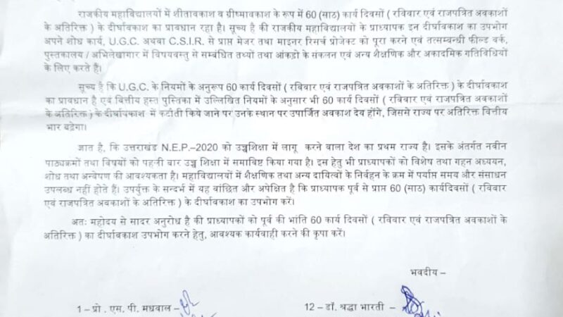 दीर्घवकाश में की गई कटौती को लेकर महाविद्यालय के प्राध्यापकों ने निदेशक उच्च शिक्षा को भेजा ज्ञापन