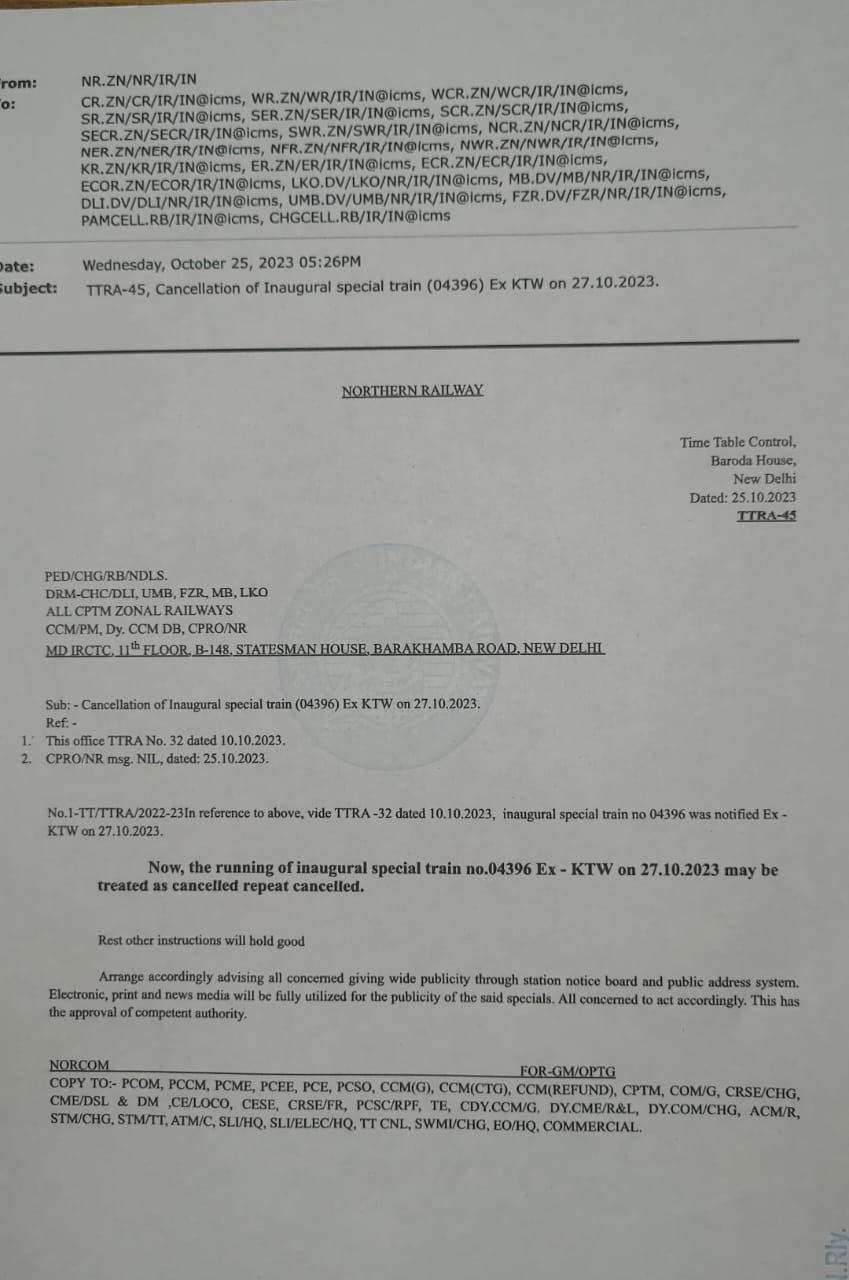 कोटद्वार से दिल्ली के लिए चलने वाली नई ट्रेन का 27 अक्टूबर से नहीं होगा संचालन