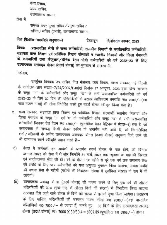 धामी सरकार ने कर्मचारियों क़ो दी दिवाली बोनस की सौगात, आदेश जारी