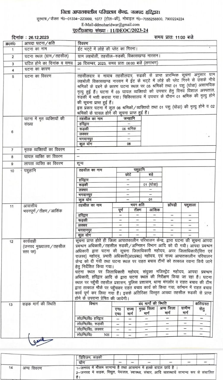 सानवी ईंट भट्ठे की दीवार गिरने से 06 मजदूरों एवं एक घोडे की मौत, डीएम धीराज सिंह गर्ब्याल ने घटना स्थल का निरीक्षण कर मजिस्ट्रेटी जांच के दिए आदेश, मुख्यमंत्री धामी ने की घटना में दिवंगत श्रमिकों के आश्रितों को  दो-दो लाख रूपये की आर्थिक सहायता देने की घोषणा