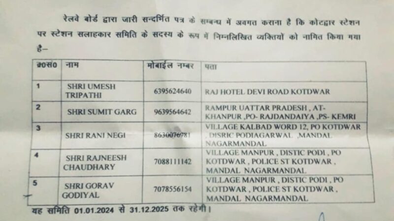 युवा पत्रकार एवं समाजसेवी गौरव गोदियाल कोटद्वार रेलवे स्टेशन सलाहकार समिति सदस्य नियुक्त