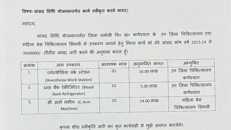 पहाड़ के अस्पतालों को सांसद अनिल बलूनी की सौगात, स्वास्थ्य सेवा से जुडे चिकित्सकीय उपकरणों के लिए सांसद निधि से दूरस्थ जनपद के लिए देंगे 35 लाख