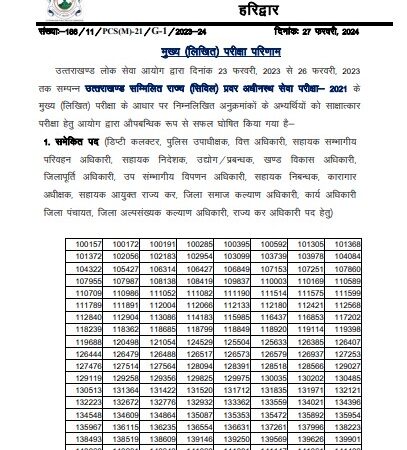 उत्तराखंड लोक सेवा आयोग ने PCS मुख्य परीक्षा का किया रिजल्ट घोषित, यहां देखें पूरी लिस्ट