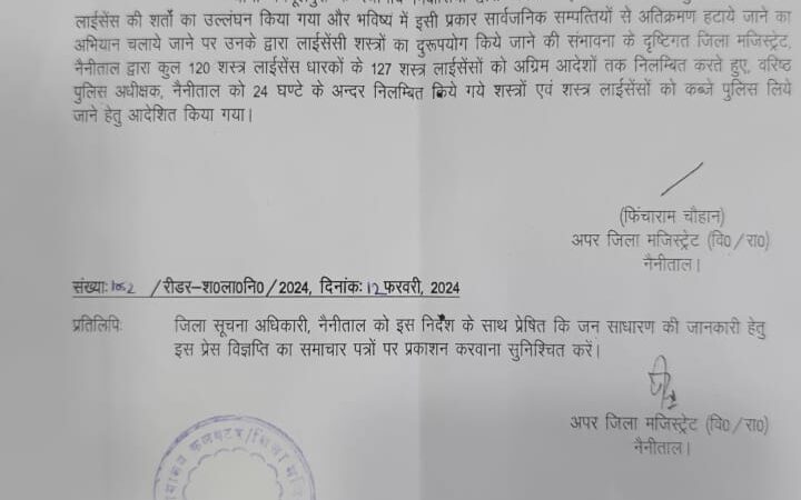 हल्द्वानी : बनभूलपूरा में हिंसा के बाद 127 शस्त्र लाइसेंस कैंसिल, पुलिस को 24 घंटे के भीतर कब्जे में लेने के आदेश