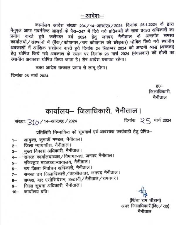 उत्तराखंड : नैनीताल जिले में मंगलवार को रहेगी छुट्टी, देखिए आदेश..