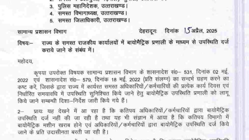 सभी विभागों में अधिकारियों कर्मचारियों की लगेगी बायोमेट्रिक हाजिरी, आदेश जारी