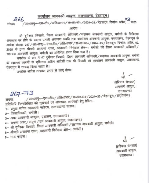 जिला आबकारी अधिकारी चमोली को किया गया मुख्यालय अटैच, इनको मिला चार्ज