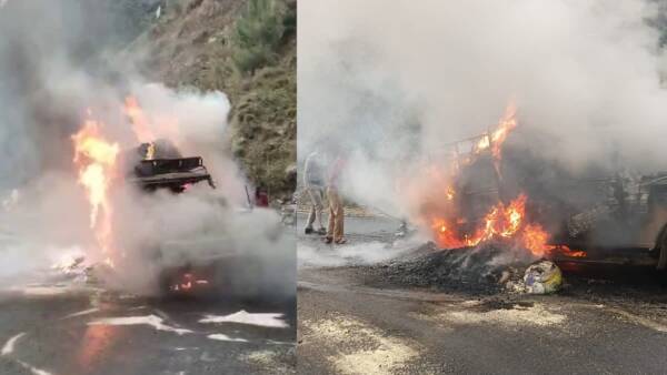 विकासनगर-चकराता मार्ग पर चलती लोडर गाड़ी में लगी आग, देखें video