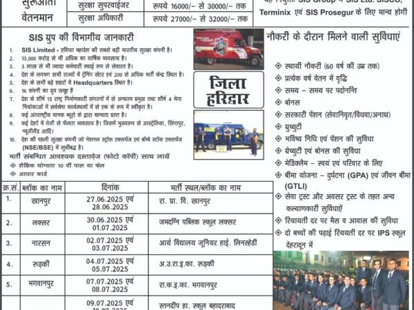 हरिद्वार : जिले में 27 जून से एसआईएस सुरक्षा जवान सुपरवाइजर की भर्ती होगी आयोजित