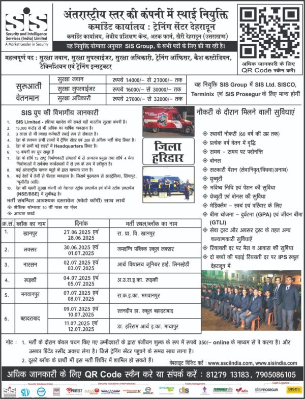हरिद्वार : जिले में 27 जून से एसआईएस सुरक्षा जवान सुपरवाइजर की भर्ती होगी आयोजित