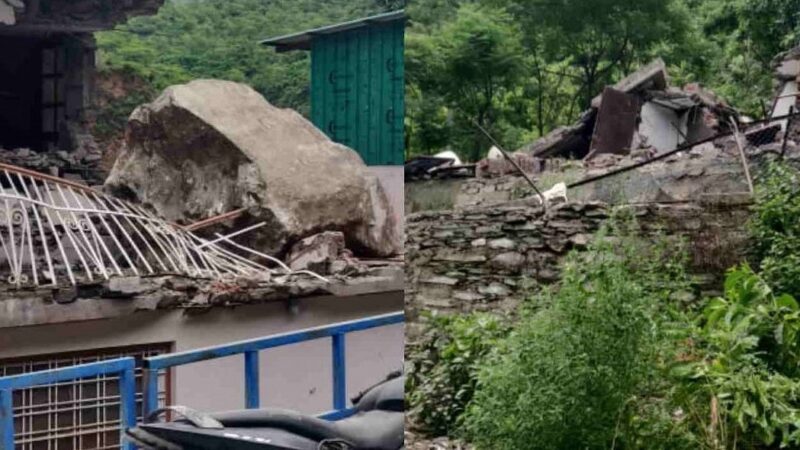 देवप्रयाग में नृसिंहगाचल पर्वत से भूस्खलन, मकान क्षतिग्रस्त, वाहन दबे, एक घायल
