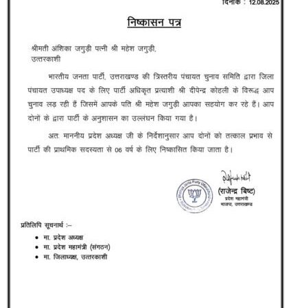उत्तरकाशी ब्रेकिंग : BJP ने चलाया अनुशासन का चाबुक, अंशिका जगूड़ी और पति महेश छह साल के लिए पार्टी से निष्कासित