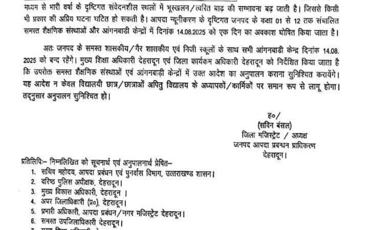 उत्तराखंड में भारी बारिश का अलर्ट, देहरादून समेत पांच जिलों में आज भी स्कूलों की छुट्टी