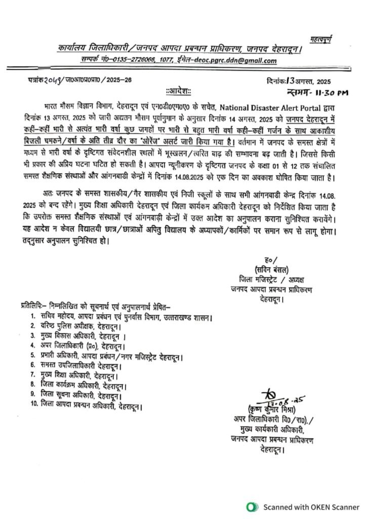 उत्तराखंड में भारी बारिश का अलर्ट, देहरादून समेत पांच जिलों में आज भी स्कूलों की छुट्टी