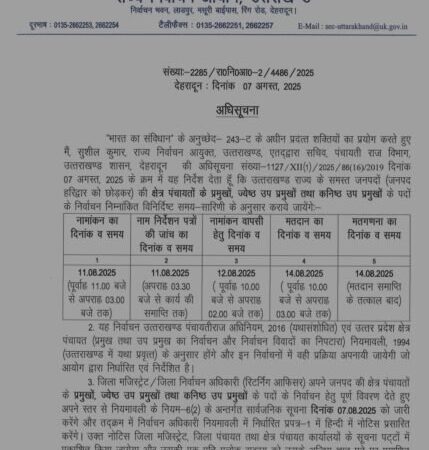 उत्तराखंड : ब्लॉक प्रमुखों के चुनाव की अधिसूचना जारी, 14 अगस्त को होगा मतदान