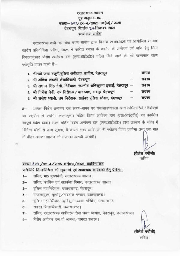 UKSSSC की स्नातक स्तरीय परीक्षा में नकल प्रकरण के आरोपों पर राज्य सरकार सख्त, जाँच के लिए SIT गठित