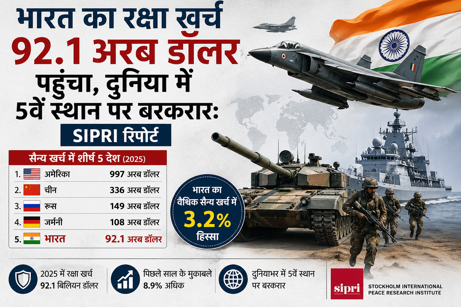 भारत का रक्षा खर्च 92.1 अरब डॉलर पहुंचा, दुनिया में 5वें स्थान पर बरकरार: SIPRI रिपोर्ट
