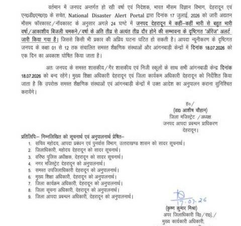 देहरादून में भारी बारिश का अलर्ट, कल सभी स्कूल और आंगनबाड़ी केंद्र रहेंगे बंद