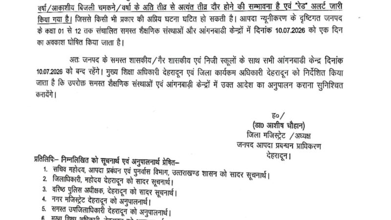 देहरादून में भारी बारिश का रेड अलर्ट, 10 जुलाई को कक्षा 1 से 12 तक के सभी स्कूल और आंगनबाड़ी केंद्र बंद
