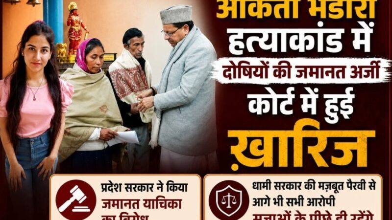 आज फिर अंकिता हत्याकांड के सभी आरोपियों की जमानत याचिका खारिज, धामी सरकार की मजबूत पैरवी के चलते दोषियों को नहीं मिली राहत, SIT जांच, 500 पन्नों की चार्जशीट और करीब 100 गवाहों के आधार पर हुई मजबूत पैरवी
